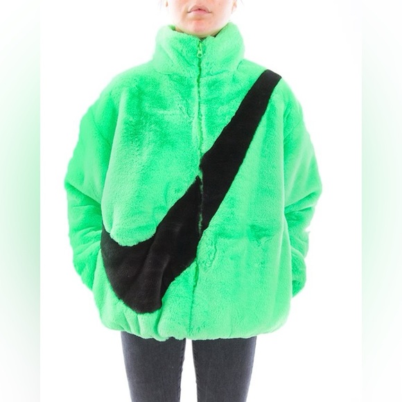 New! Nike Faux Fur Neon Green Swoosh Bomber Logo Zip Jacket 💚💚 Small - Picture 8 of 16